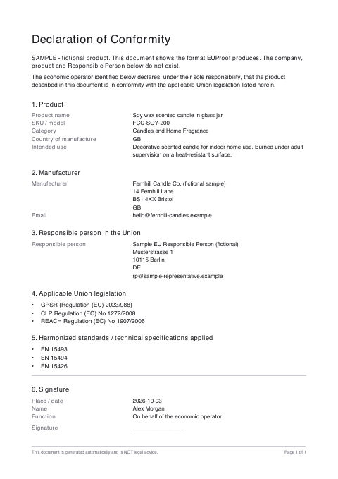 First page of the sample Declaration of Conformity